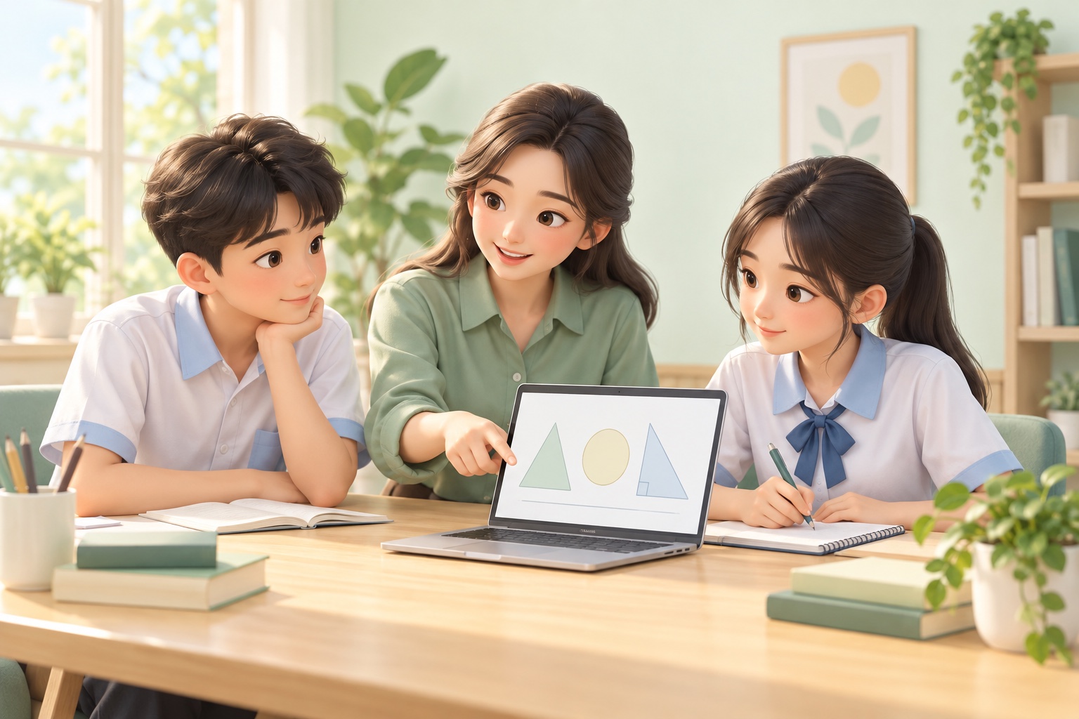 Minh họa 3D giáo viên và học sinh cùng khám phá bài học trên máy tính.